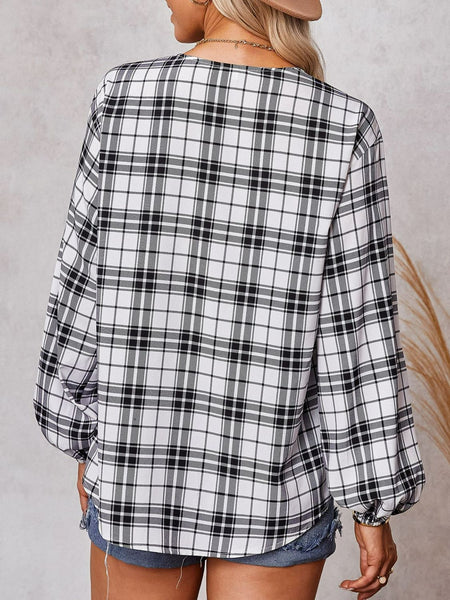 Plaid Scoop Neck Balloon Sleeve Henley