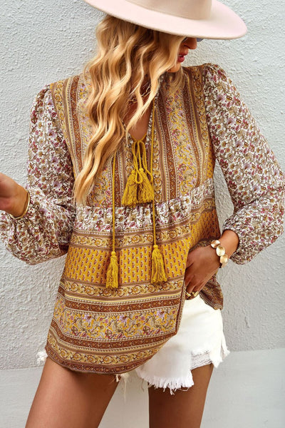 Bohemian Tassel Tie Puff Sleeve Blouse