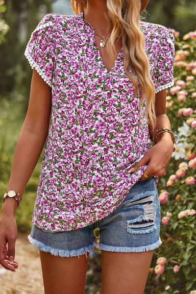 Floral Petal Sleeve Notched Blouse