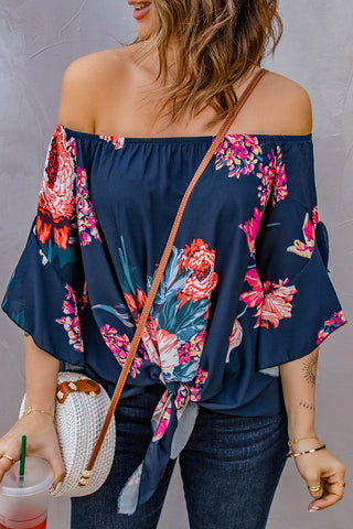 Printed Off-Shoulder Flounce Sleeve Top