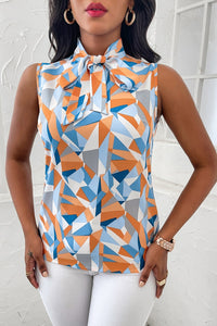 Geometric Print Tie Neck Sleeveless Blouse