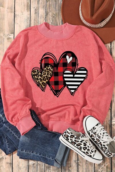 Heart Round Neck Dropped Shoulder Sweatshirt