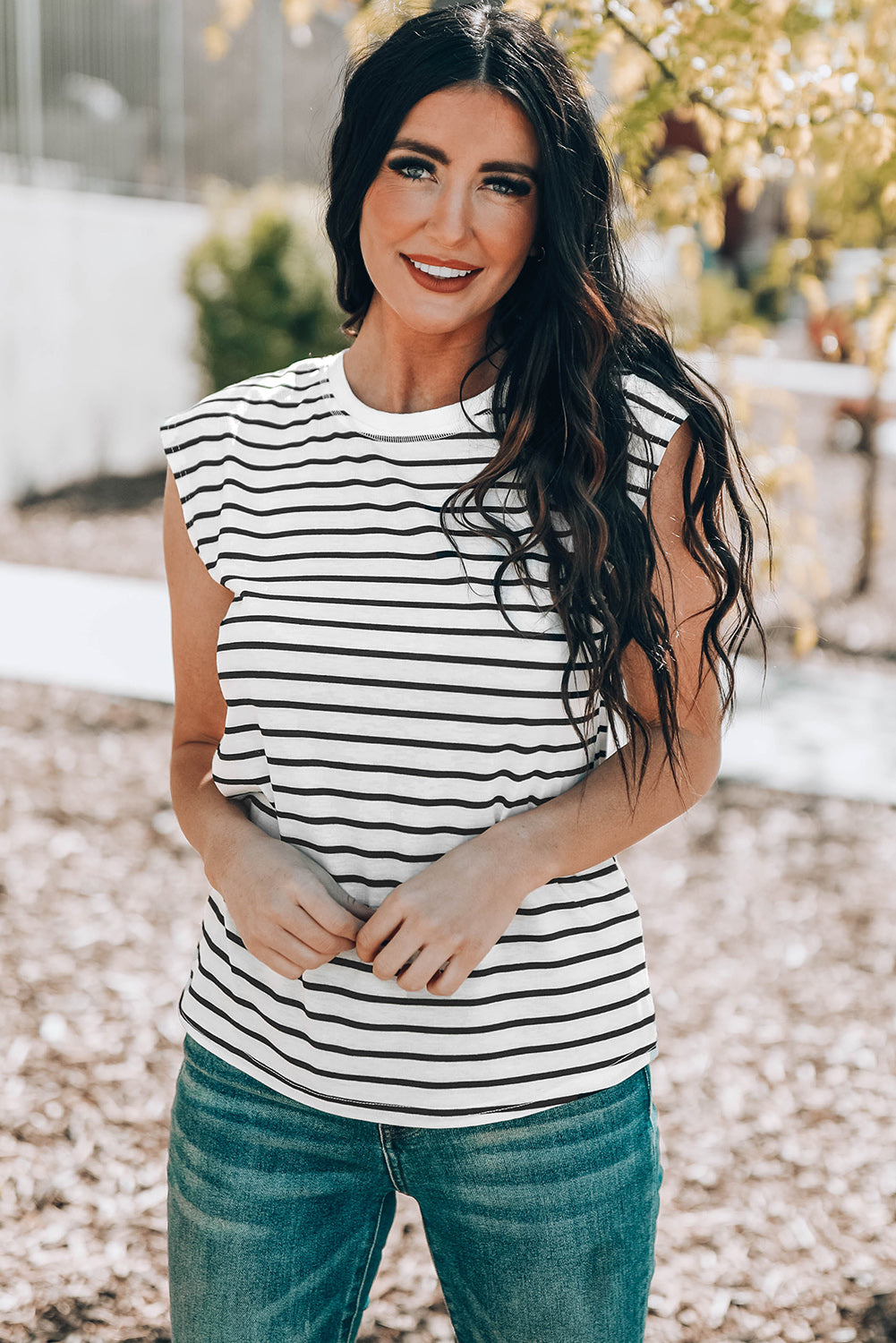 Striped Round Neck Capped Sleeve Top