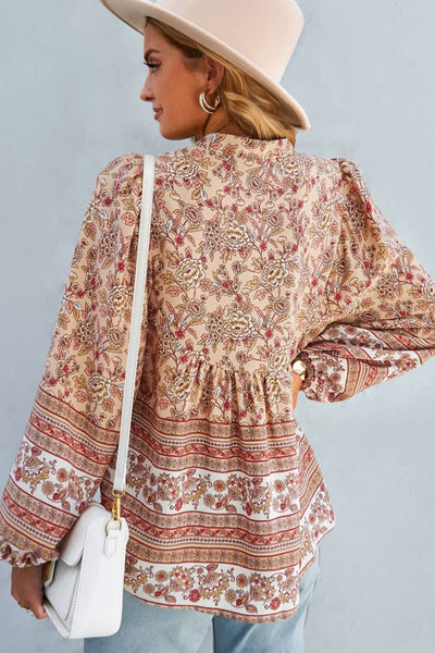 Bohemian Tie Neck Balloon Sleeve Top