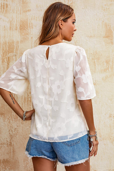 Applique Round Neck Half Sleeve Blouse