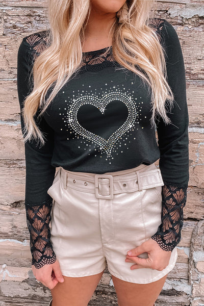 Heart Graphic Openwork Round Neck Blouse