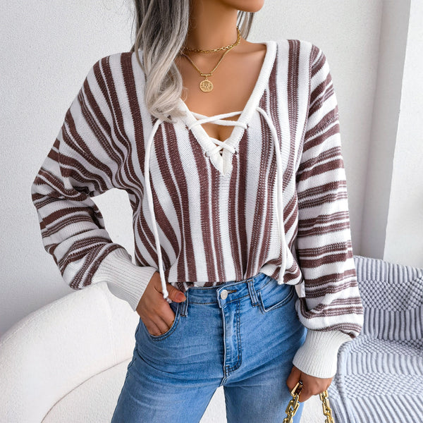 Striped Lace-Up V-Neck Sweater