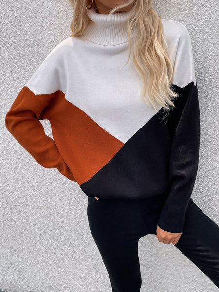 Color Block Dropped Shoulder Turtleneck Sweater