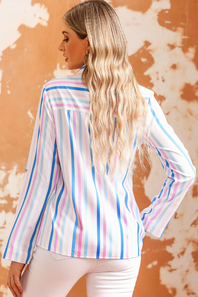 Double Take Striped Long Sleeve Collared Shirt