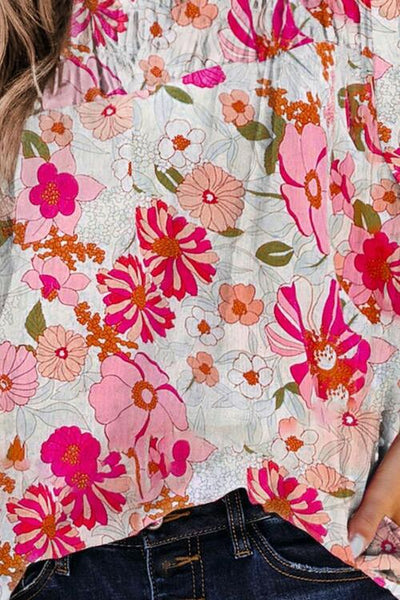 Floral Round Neck Balloon Sleeve Blouse