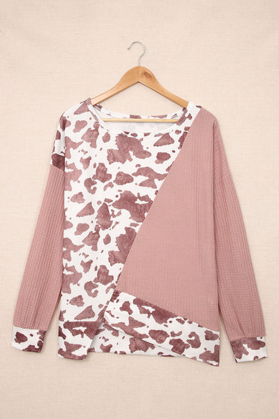 Cow Print Color Block Asymmetrical Long Sleeve Top