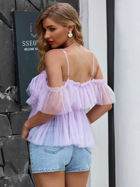 Plunge Frill Trim Ruffled Peplum Top