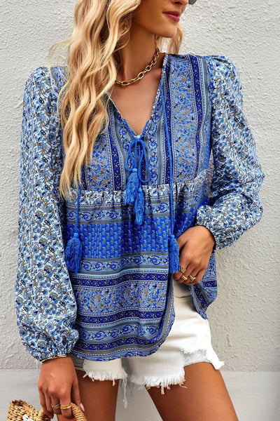 Bohemian Tassel Tie Puff Sleeve Blouse