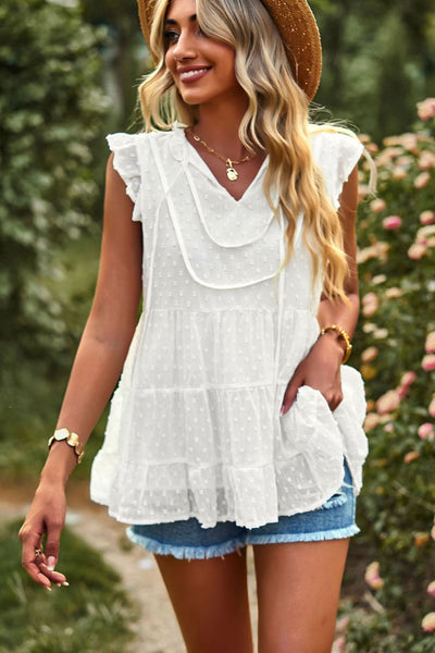 Swiss Dot Ruffle Shoulder Tiered Top