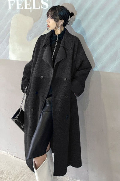 Double-Breasted Belted Lapel Collar Sherpa Coat