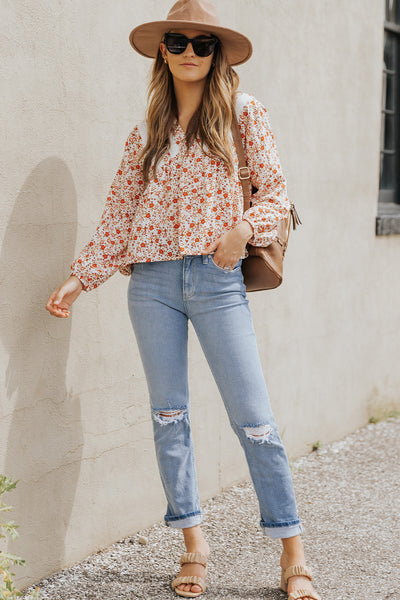 Floral Lace Contrast V-Neck Blouse