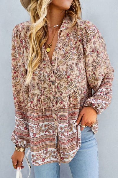 Bohemian Tie Neck Balloon Sleeve Top