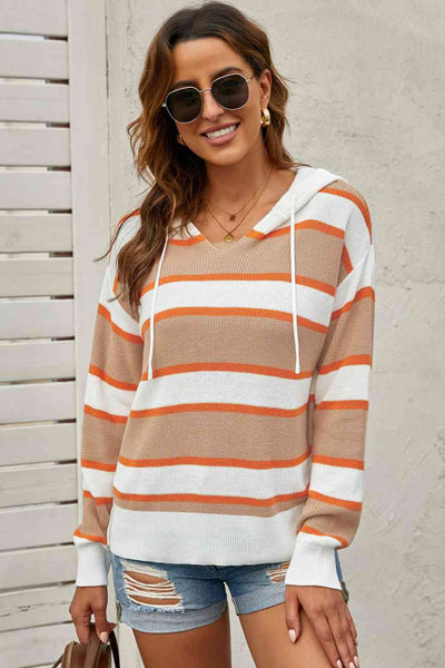 Striped Drawstring Hooded Sweater