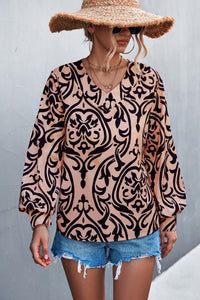 Damask Lantern Sleeve V-Neck Top