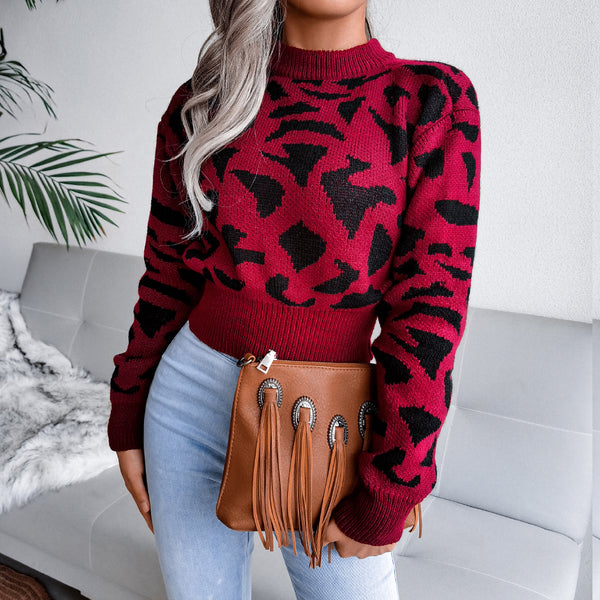 Abstract Print Ribbed Trim Long Sleeve Sweater