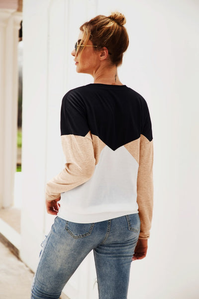 Color Block Round Neck Long Sleeve Top