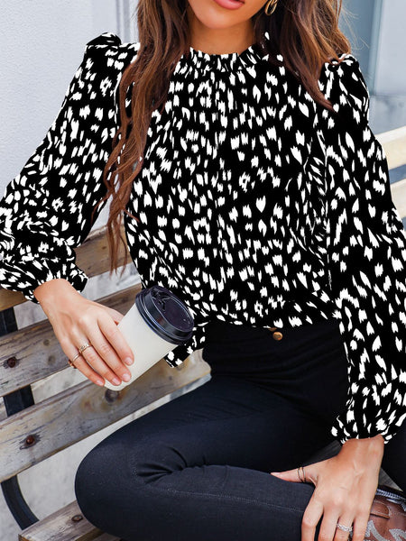 Printed Mock Neck Puff Sleeve Blouse