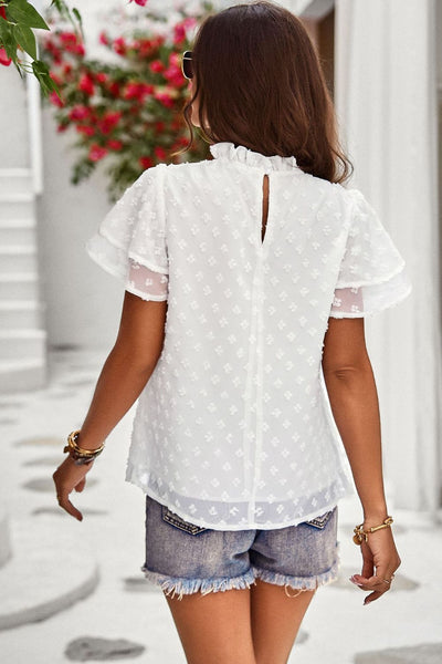 Swiss Dot Ruffle Collar Flutter Sleeve Blouse