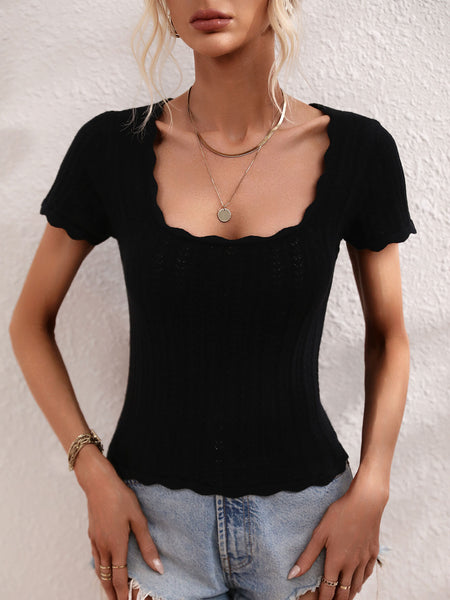 Scalloped Hem Square Neck Knit Top