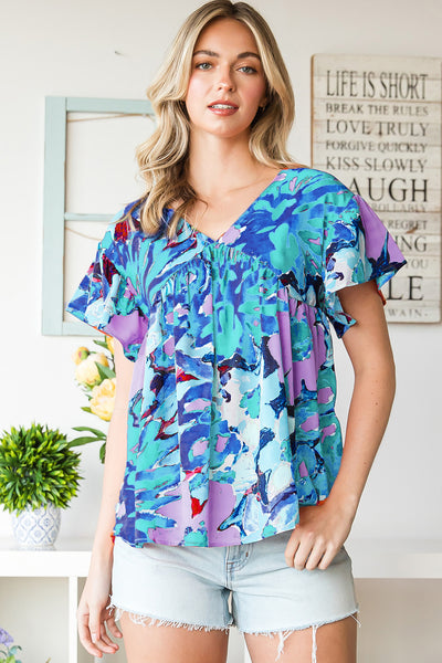 Floral V-Neck Short Sleeve Blouse