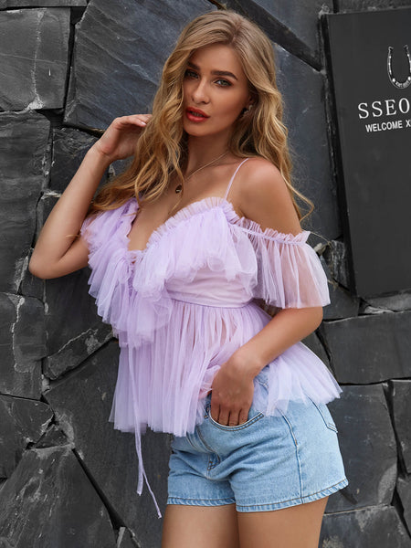 Plunge Frill Trim Ruffled Peplum Top