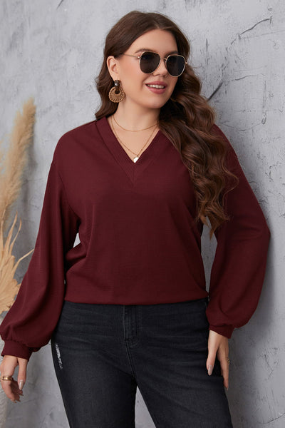 Melo Apparel Plus Size V-Neck Dropped Shoulder Blouse