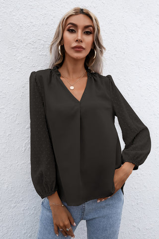 Swiss Dot Puff Sleeve Contrast Blouse