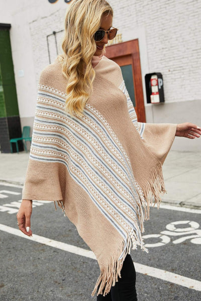 Striped Asymmetrical Fringe Hem Poncho