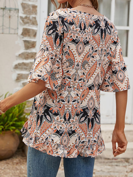 Printed Flounce Sleeve Ruffle Hem Blouse