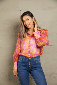 Double Take Flower Print Collared Neck Lantern Sleeve Shirt