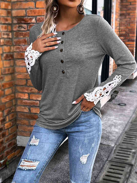 Half Button Lace Detail T-Shirt