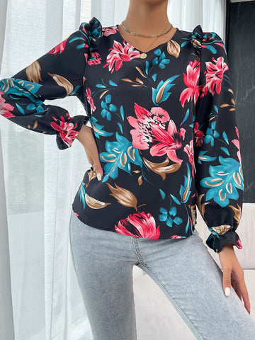 Floral Round Neck Ruffle Shoulder Blouse