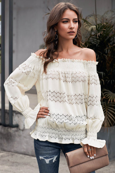 Off Shoulder Smocked Long Sleeve Blouse