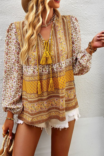 Bohemian Tassel Tie Puff Sleeve Blouse