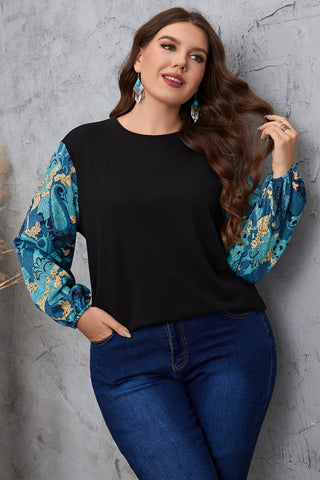 Plus Size Printed Sleeve Round Neck Blouse