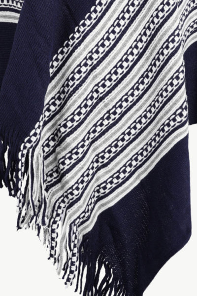 Striped Asymmetrical Fringe Hem Poncho