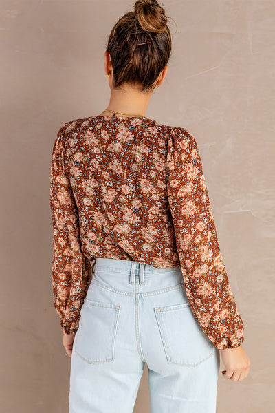 Floral Balloon Sleeve Surplice Blouse