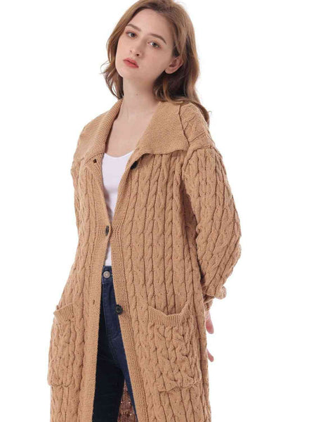 Cable-Knit Collared Neck Cardigan with Pockets