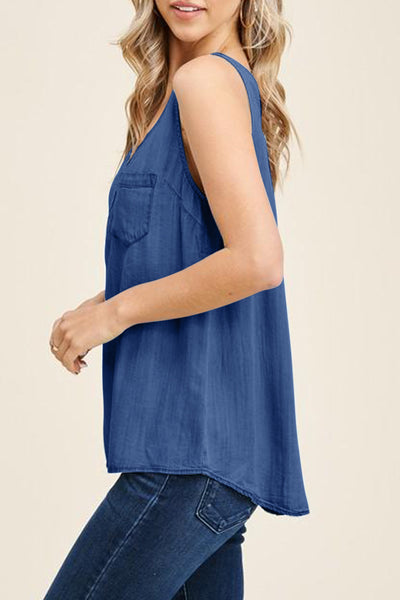 Denim Scoop Neck Quarter Button Down Tank