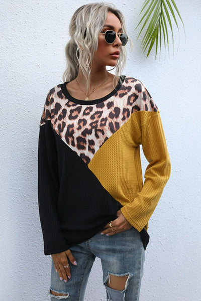 Leopard Color Block Waffle-Knit Top