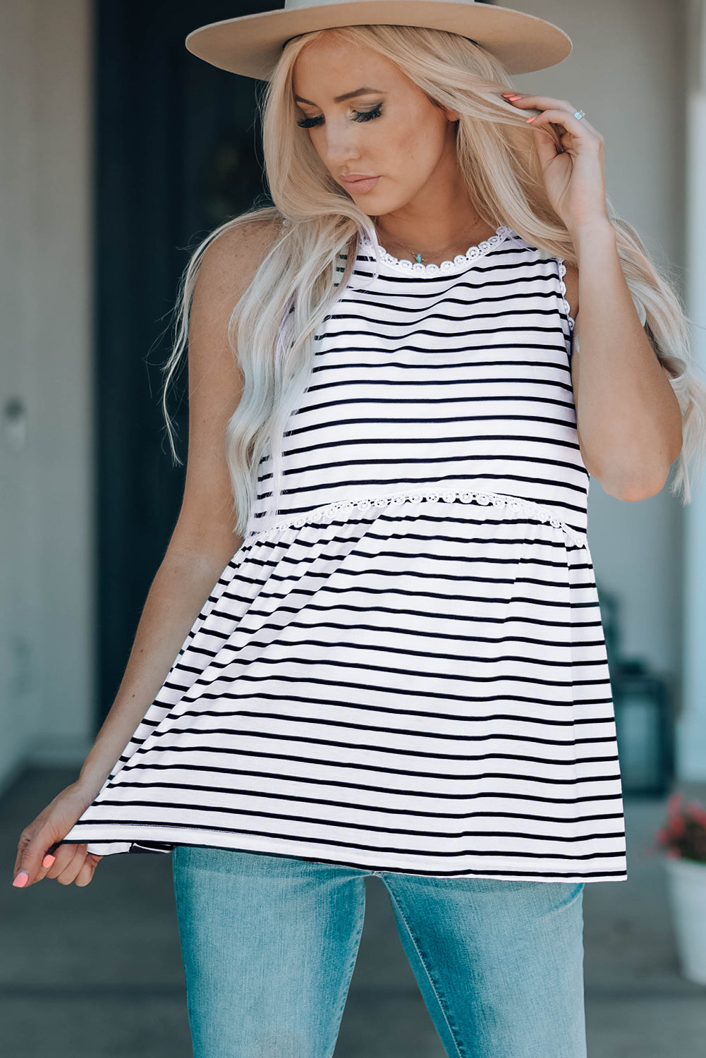 Lace Trim Striped Tank Top