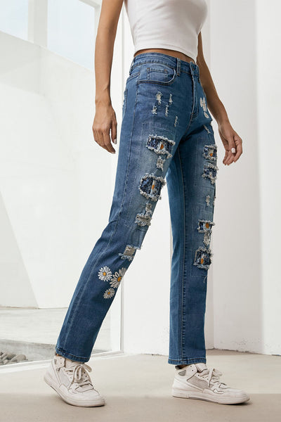 Printed Patch Distressed Boyfriend Jeans