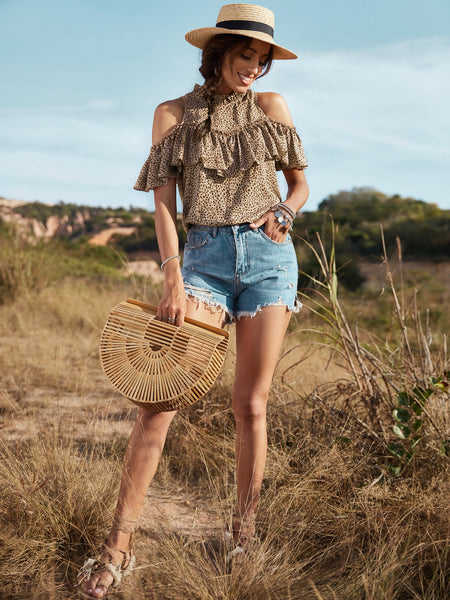 Animal Print Cold-Shoulder Ruffled Blouse