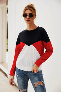 Color Block Round Neck Long Sleeve Top