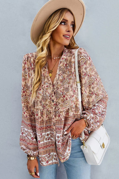 Bohemian Tie Neck Balloon Sleeve Top